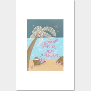 Good Bye Tension, Hello Pension | Retirement | pink blue Posters and Art